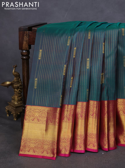 Pure kanchipuram silk saree peacock blue and pink with allover zari weaves and zari woven border