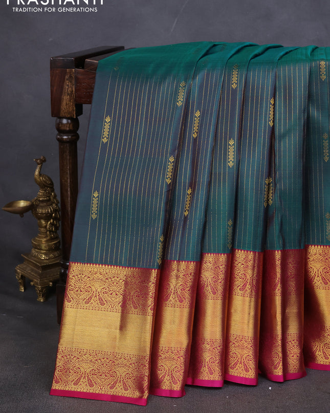Pure kanchipuram silk saree peacock blue and pink with allover zari weaves and zari woven border