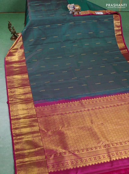 Pure kanchipuram silk saree peacock blue and pink with allover zari weaves and zari woven border