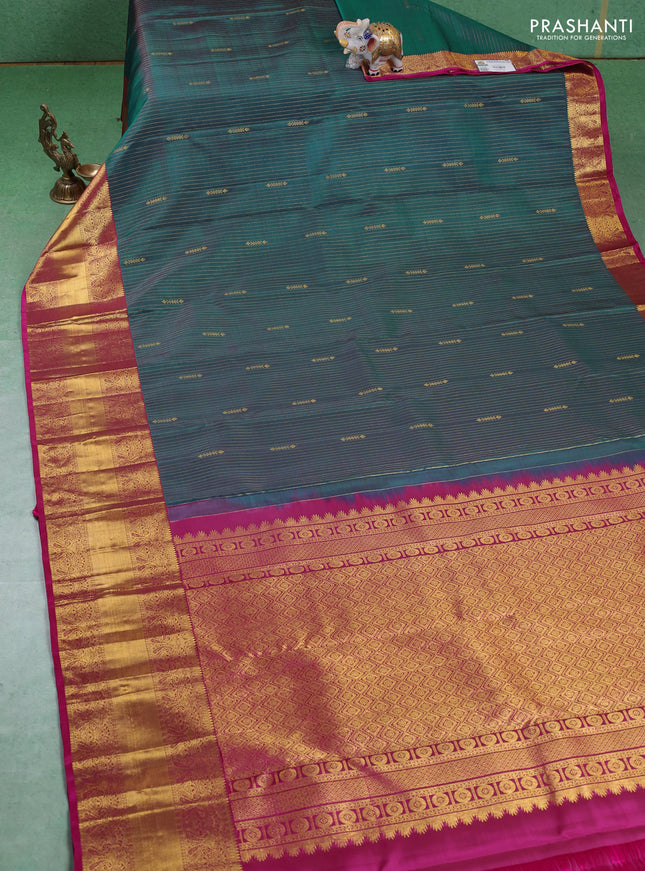 Pure kanchipuram silk saree peacock blue and pink with allover zari weaves and zari woven border
