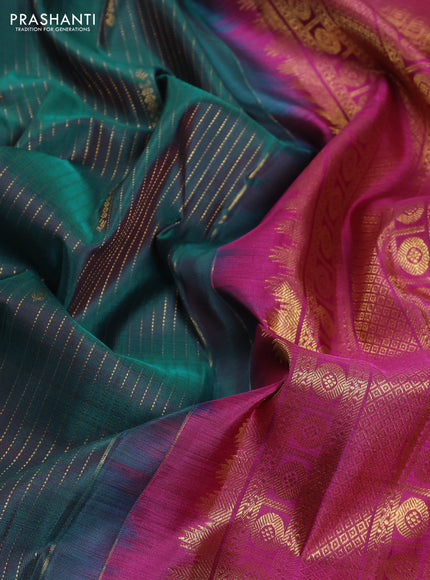 Pure kanchipuram silk saree peacock blue and pink with allover zari weaves and zari woven border