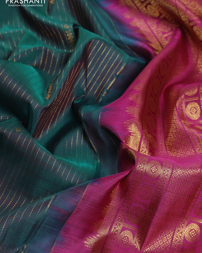 Pure kanchipuram silk saree peacock blue and pink with allover zari weaves and zari woven border