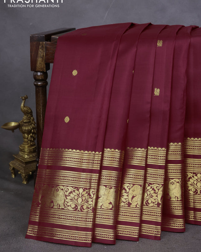 Pure kanchipuram silk saree maroon with annam zari woven buttas and long elephant zari woven border