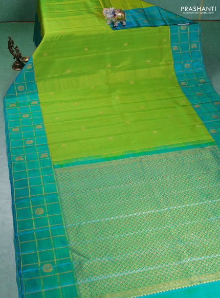 Pure kanchipuram silk saree lime green and teal blue with annam zari woven buttas and zari checked butta border
