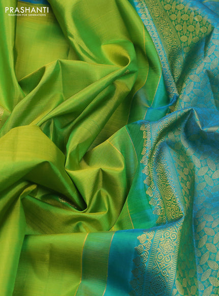 Pure kanchipuram silk saree lime green and teal blue with annam zari woven buttas and zari checked butta border