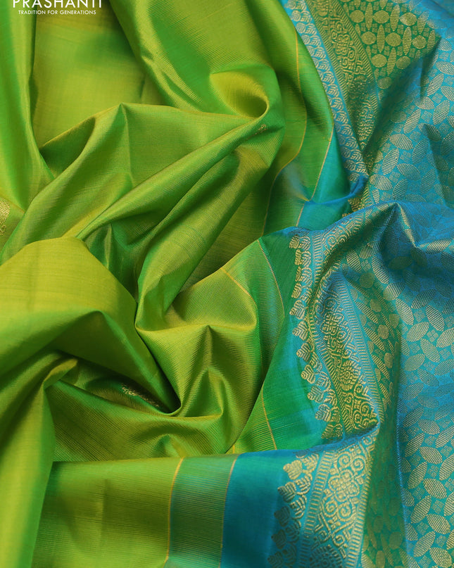 Pure kanchipuram silk saree lime green and teal blue with annam zari woven buttas and zari checked butta border