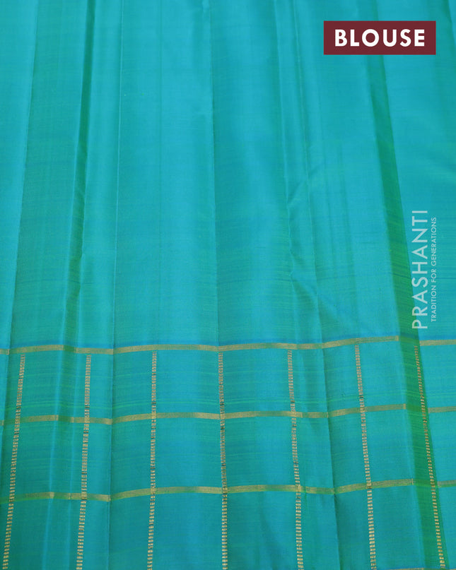Pure kanchipuram silk saree lime green and teal blue with annam zari woven buttas and zari checked butta border