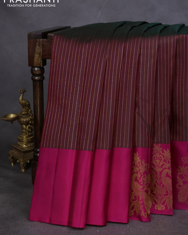 Pure kanchipuram silk saree dual shade of maroon and pink with allover silver & gold zari weaves and zari woven butta border