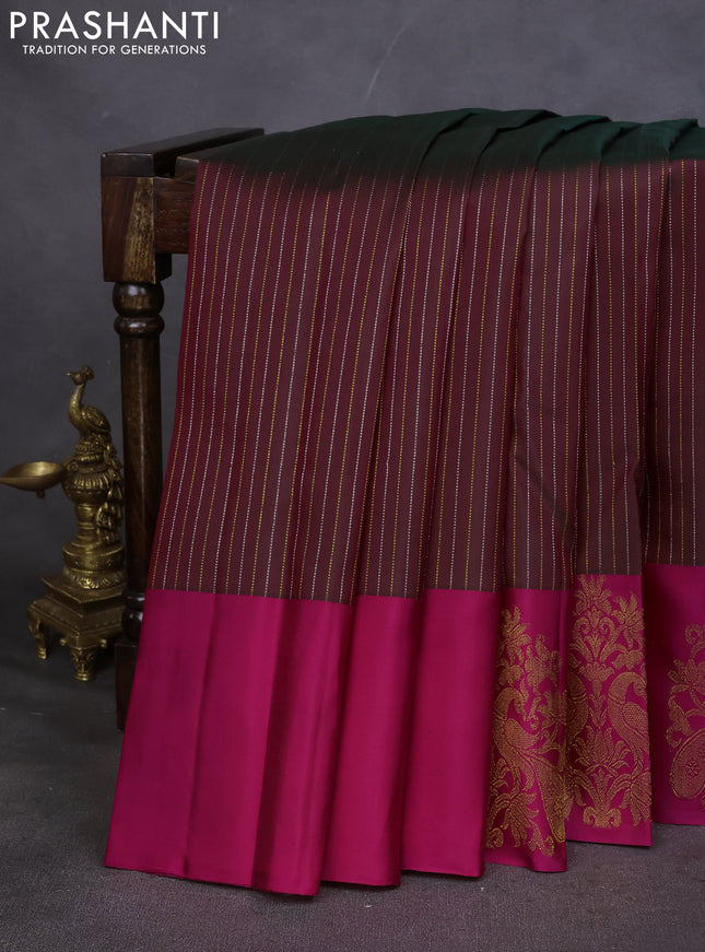 Pure kanchipuram silk saree dual shade of maroon and pink with allover silver & gold zari weaves and zari woven butta border