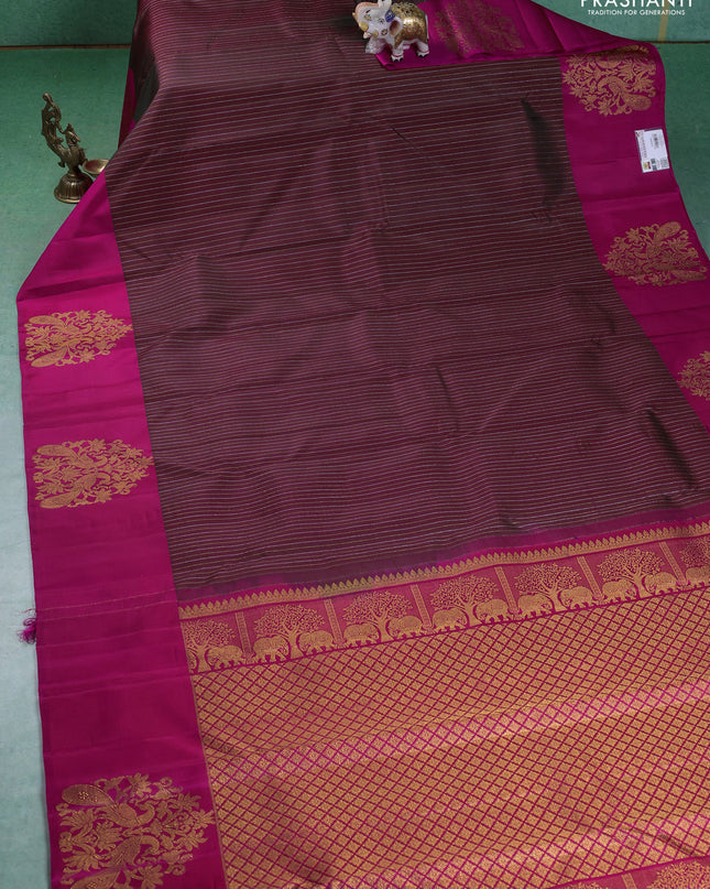 Pure kanchipuram silk saree dual shade of maroon and pink with allover silver & gold zari weaves and zari woven butta border