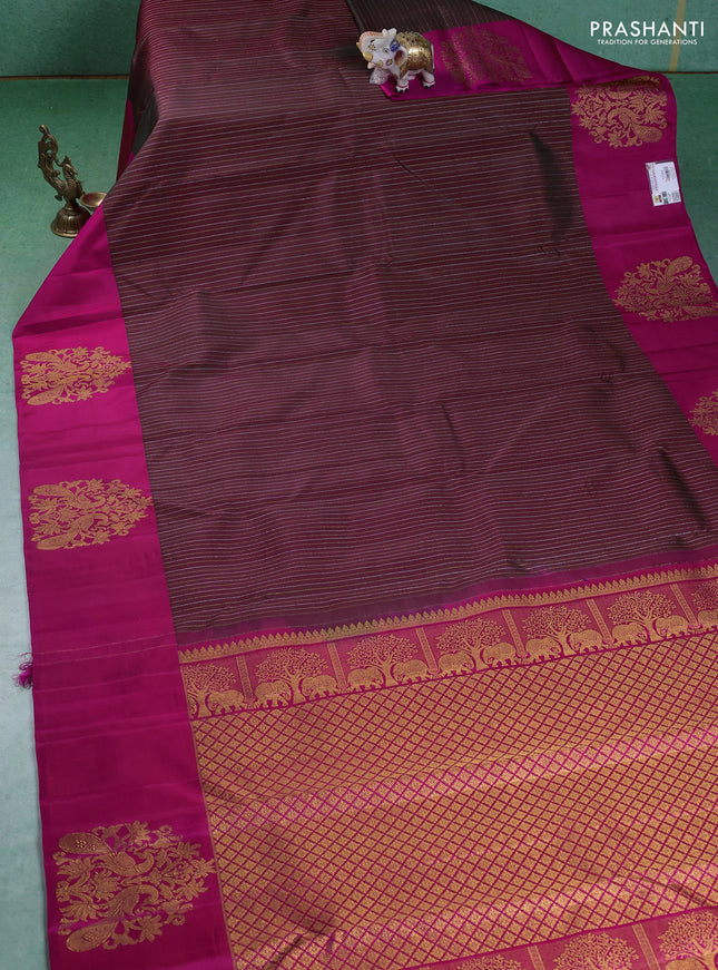 Pure kanchipuram silk saree dual shade of maroon and pink with allover silver & gold zari weaves and zari woven butta border