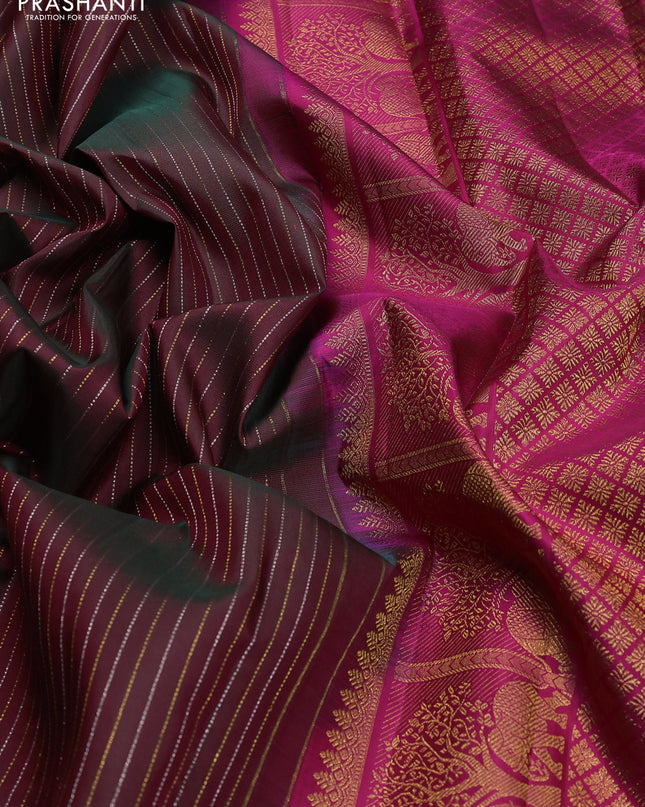 Pure kanchipuram silk saree dual shade of maroon and pink with allover silver & gold zari weaves and zari woven butta border