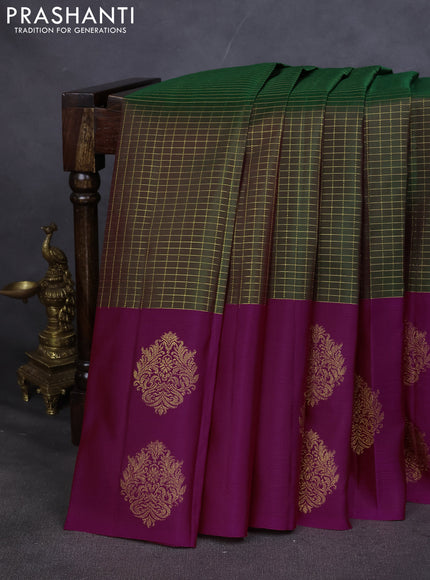 Pure kanchipuram silk saree green and dark pink with allover small zari checked pattern and zari woven butta border