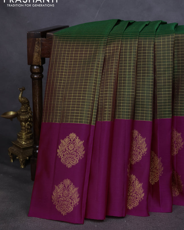 Pure kanchipuram silk saree green and dark pink with allover small zari checked pattern and zari woven butta border