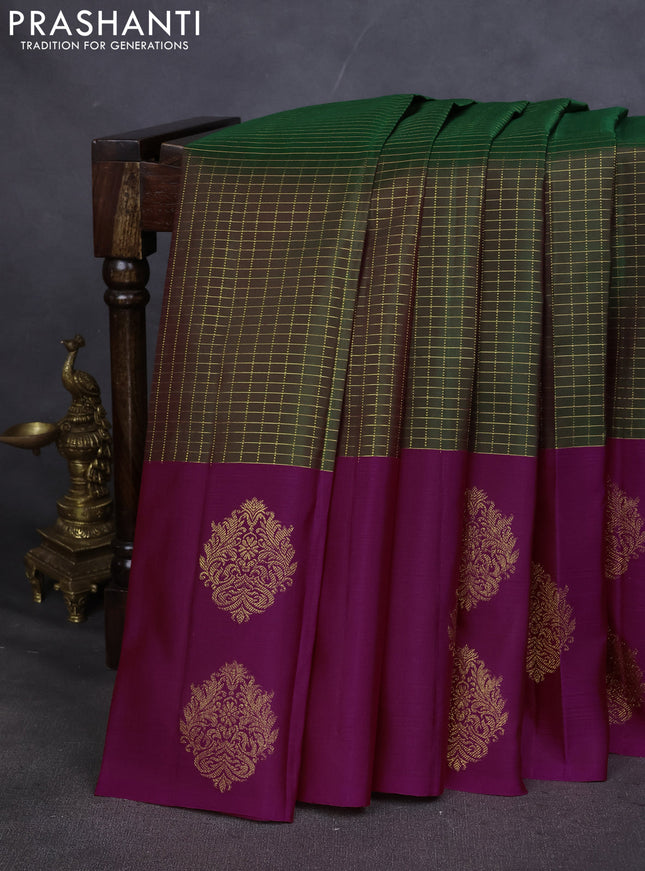 Pure kanchipuram silk saree green and dark pink with allover small zari checked pattern and zari woven butta border