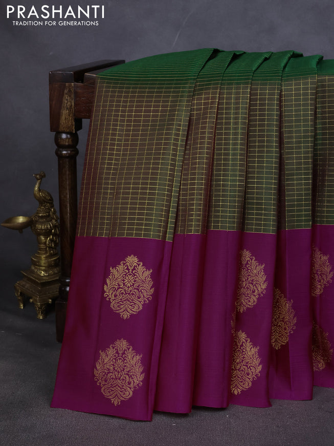 Pure kanchipuram silk saree green and dark pink with allover small zari checked pattern and zari woven butta border