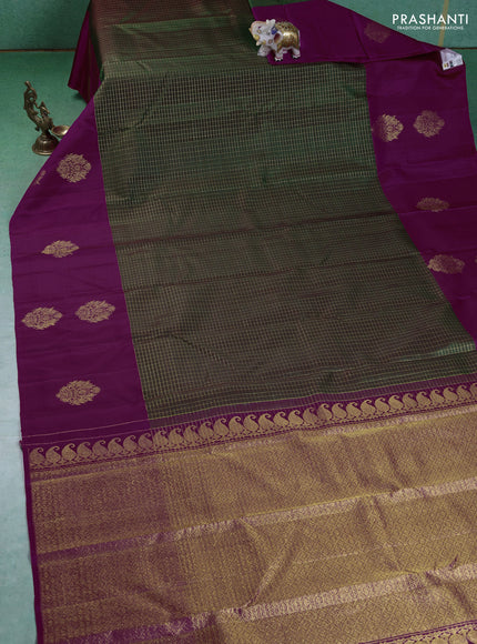 Pure kanchipuram silk saree green and dark pink with allover small zari checked pattern and zari woven butta border