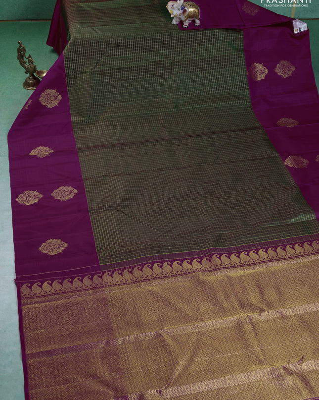 Pure kanchipuram silk saree green and dark pink with allover small zari checked pattern and zari woven butta border