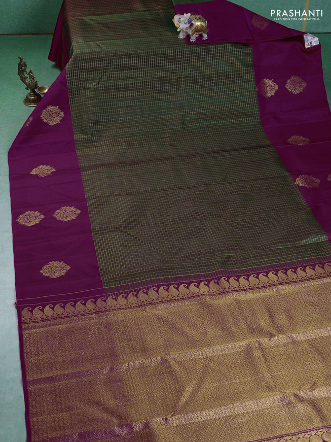 Pure kanchipuram silk saree green and dark pink with allover small zari checked pattern and zari woven butta border