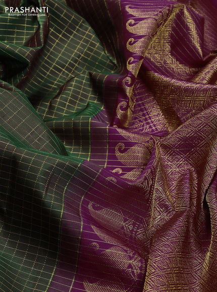 Pure kanchipuram silk saree green and dark pink with allover small zari checked pattern and zari woven butta border