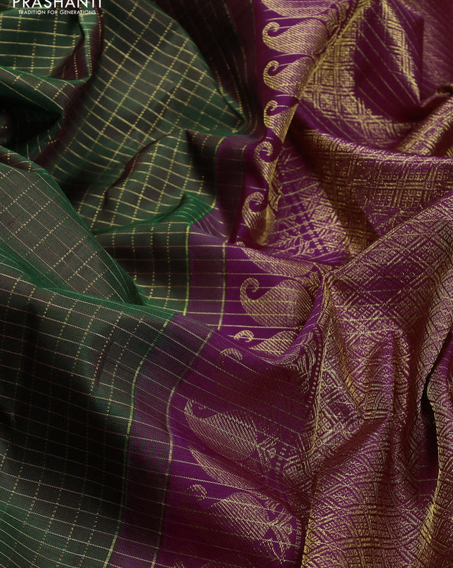 Pure kanchipuram silk saree green and dark pink with allover small zari checked pattern and zari woven butta border