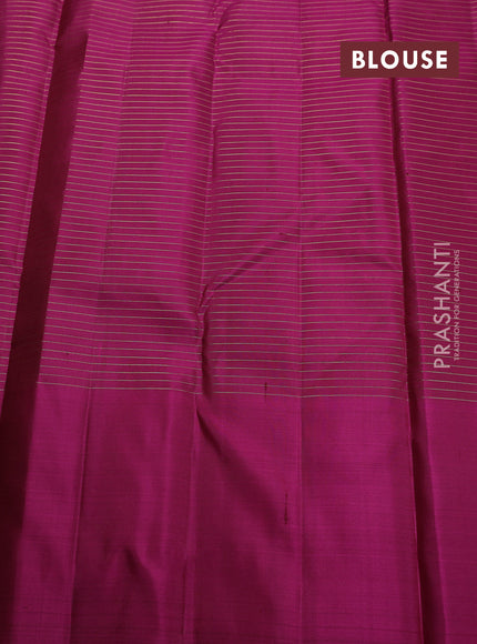 Pure kanchipuram silk saree green and dark pink with allover small zari checked pattern and zari woven butta border