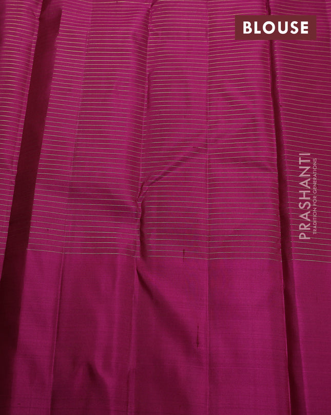 Pure kanchipuram silk saree green and dark pink with allover small zari checked pattern and zari woven butta border