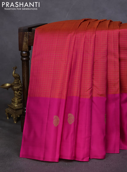 Pure kanchipuram silk saree dual shade of pinkish orange and pink with allover small zari checked pattern and zari woven butta border