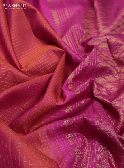 Pure kanchipuram silk saree dual shade of pinkish orange and pink with allover small zari checked pattern and zari woven butta border