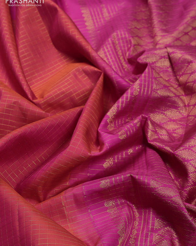 Pure kanchipuram silk saree dual shade of pinkish orange and pink with allover small zari checked pattern and zari woven butta border