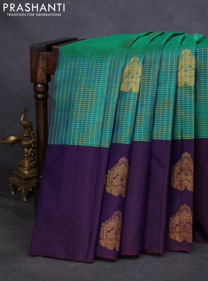 Pure kanchipuram silk saree teal green and navy blue with allover small zari checked pattern and zari woven butta border