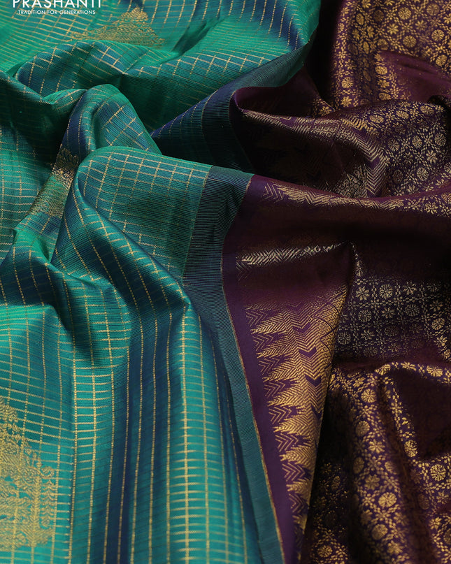 Pure kanchipuram silk saree teal green and navy blue with allover small zari checked pattern and zari woven butta border