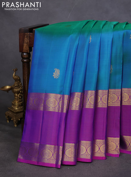 Pure kanchipuram silk saree cs blue and purple with zari woven buttas and long zari woven border