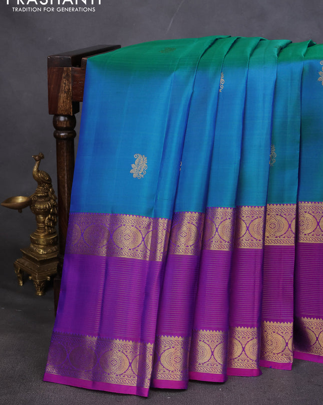 Pure kanchipuram silk saree cs blue and purple with zari woven buttas and long zari woven border
