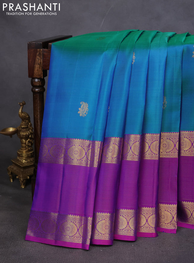Pure kanchipuram silk saree cs blue and purple with zari woven buttas and long zari woven border
