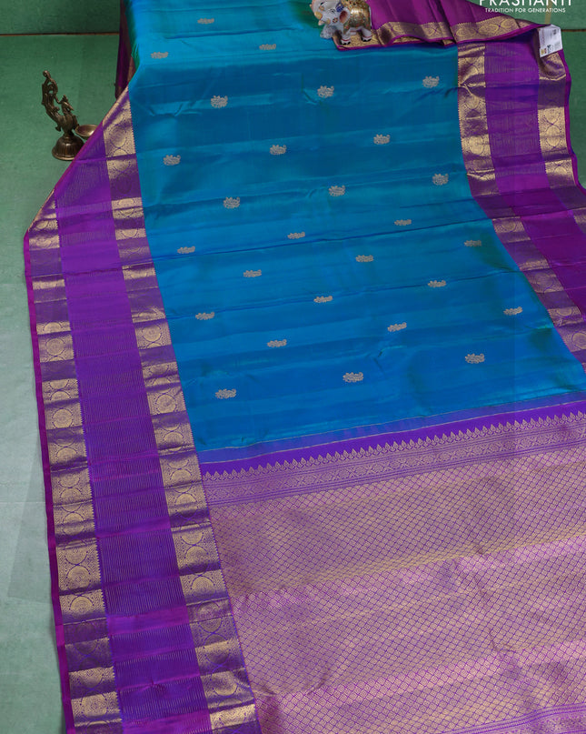 Pure kanchipuram silk saree cs blue and purple with zari woven buttas and long zari woven border