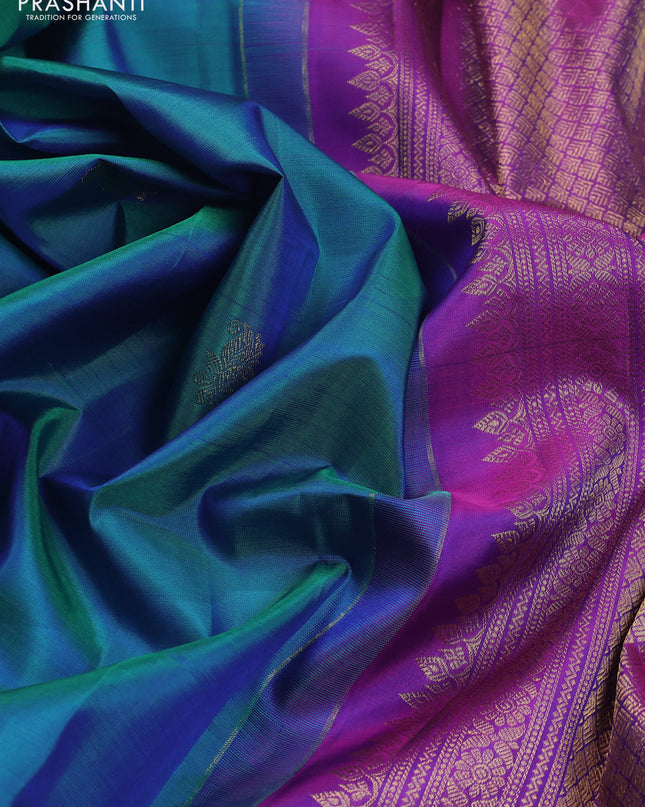 Pure kanchipuram silk saree cs blue and purple with zari woven buttas and long zari woven border