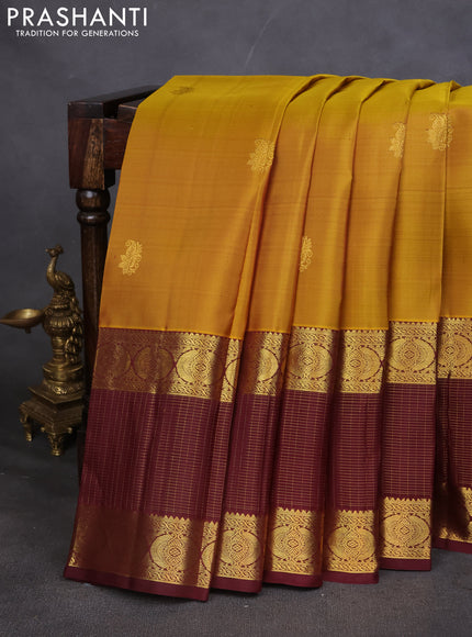 Pure kanchipuram silk saree mustard yellow and deep maroon with annam zari woven buttas and long zari woven border