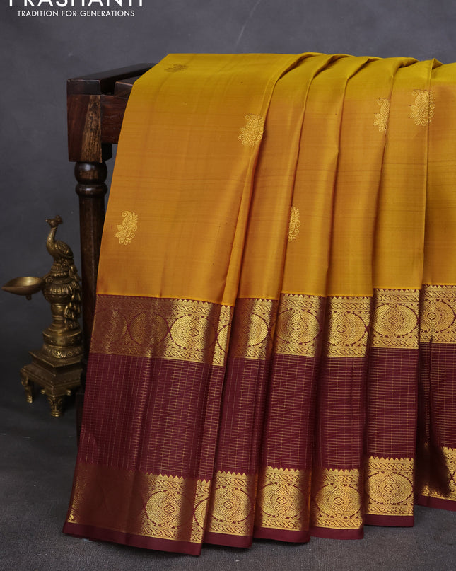 Pure kanchipuram silk saree mustard yellow and deep maroon with annam zari woven buttas and long zari woven border