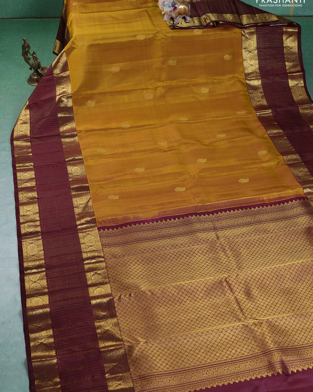 Pure kanchipuram silk saree mustard yellow and deep maroon with annam zari woven buttas and long zari woven border