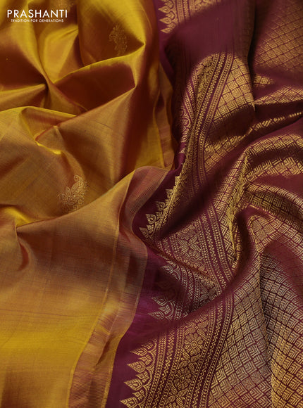Pure kanchipuram silk saree mustard yellow and deep maroon with annam zari woven buttas and long zari woven border
