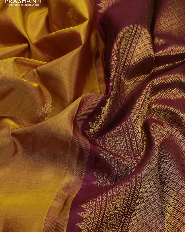 Pure kanchipuram silk saree mustard yellow and deep maroon with annam zari woven buttas and long zari woven border