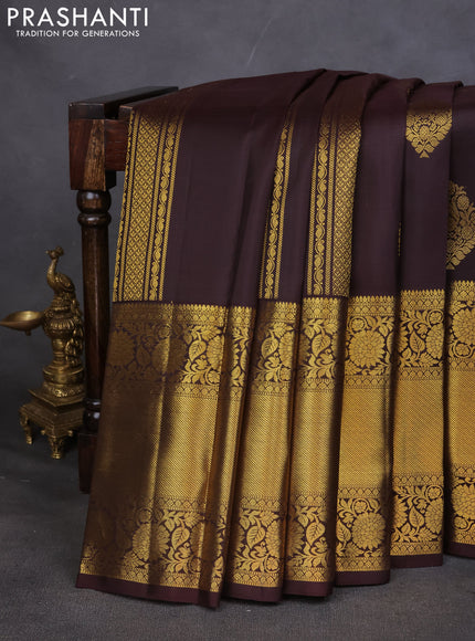 Pure kanchipuram silk saree deep coffee brown with allover zari weaves & buttas and long zari woven border