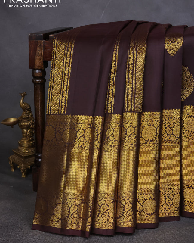 Pure kanchipuram silk saree deep coffee brown with allover zari weaves & buttas and long zari woven border