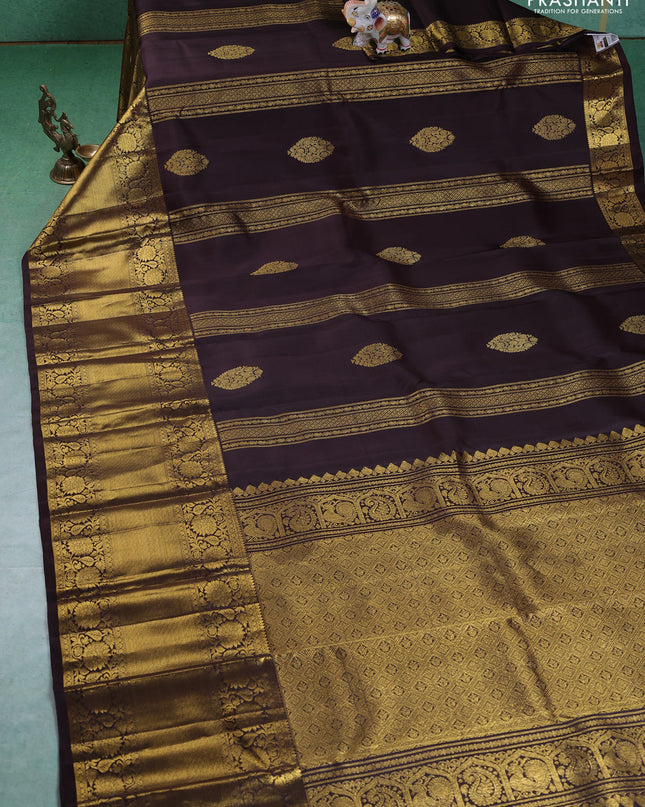 Pure kanchipuram silk saree deep coffee brown with allover zari weaves & buttas and long zari woven border