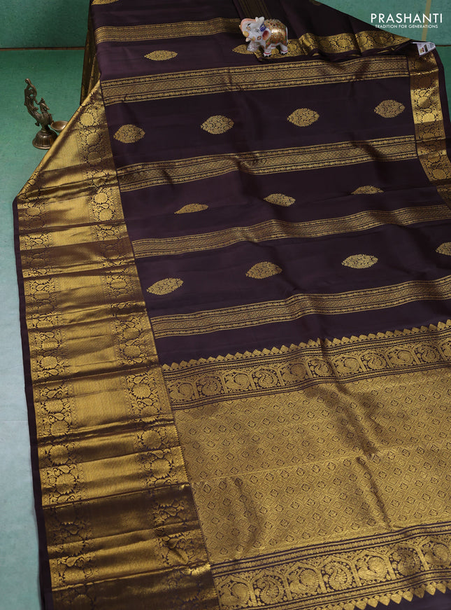 Pure kanchipuram silk saree deep coffee brown with allover zari weaves & buttas and long zari woven border