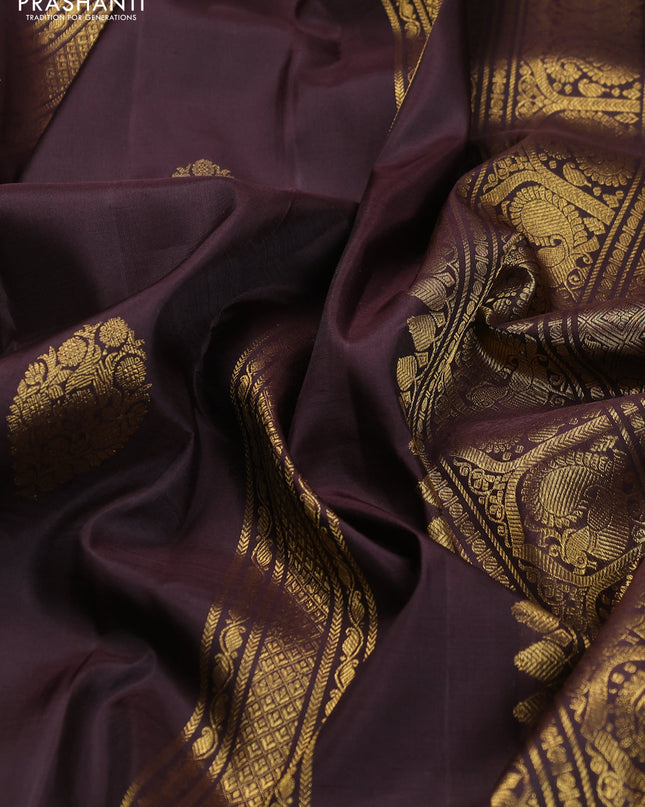 Pure kanchipuram silk saree deep coffee brown with allover zari weaves & buttas and long zari woven border