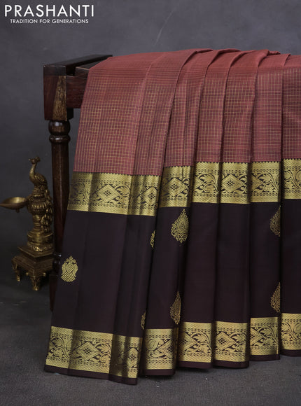 Pure kanchipuram silk saree peach shade and coffee brown with allover small zari checked pattern and long rettapet zari woven butta border