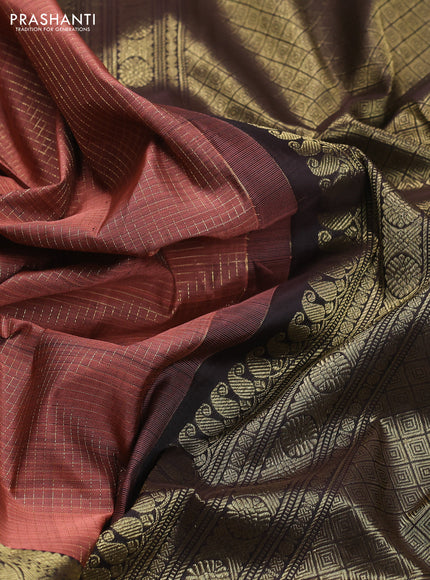 Pure kanchipuram silk saree peach shade and coffee brown with allover small zari checked pattern and long rettapet zari woven butta border