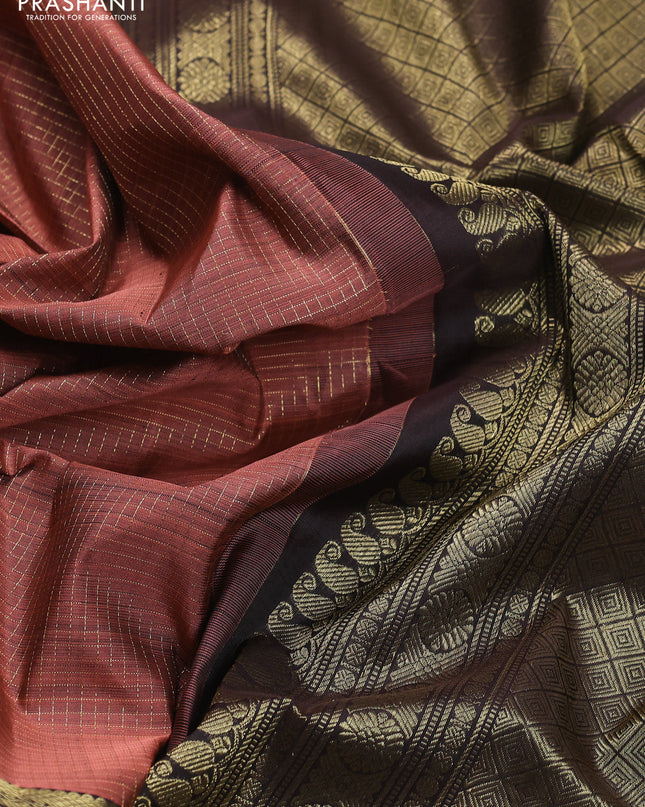 Pure kanchipuram silk saree peach shade and coffee brown with allover small zari checked pattern and long rettapet zari woven butta border